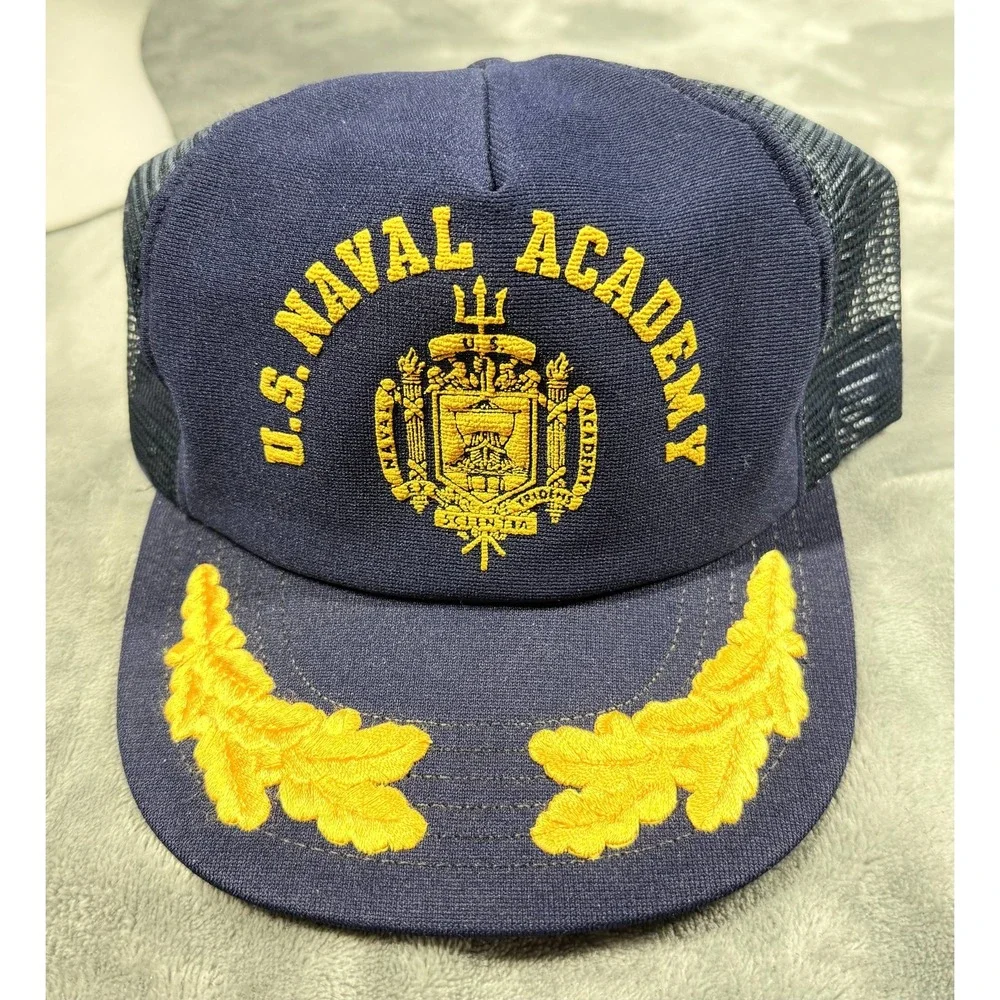 Vintage US Naval Academy Snapback Trucker Hat Navy Blue Mesh Crest Logo